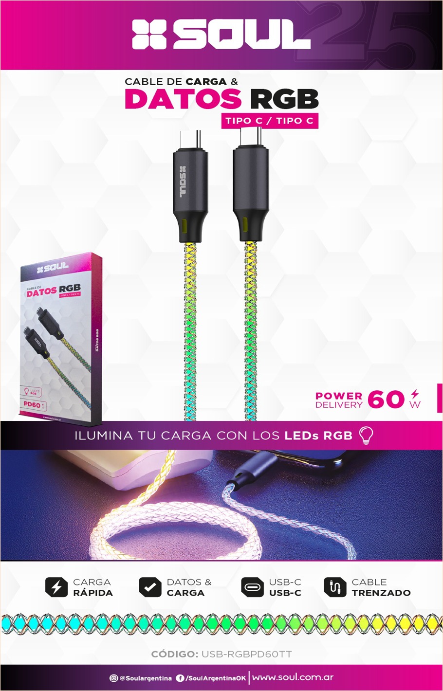 CABLE RGB USB-C A USB-C 60W --SOUL
