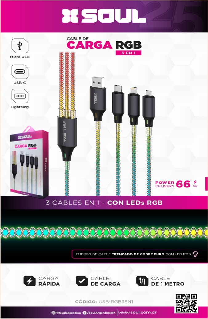 CABLE USB RGB 3 EN 1 60W --SOUL